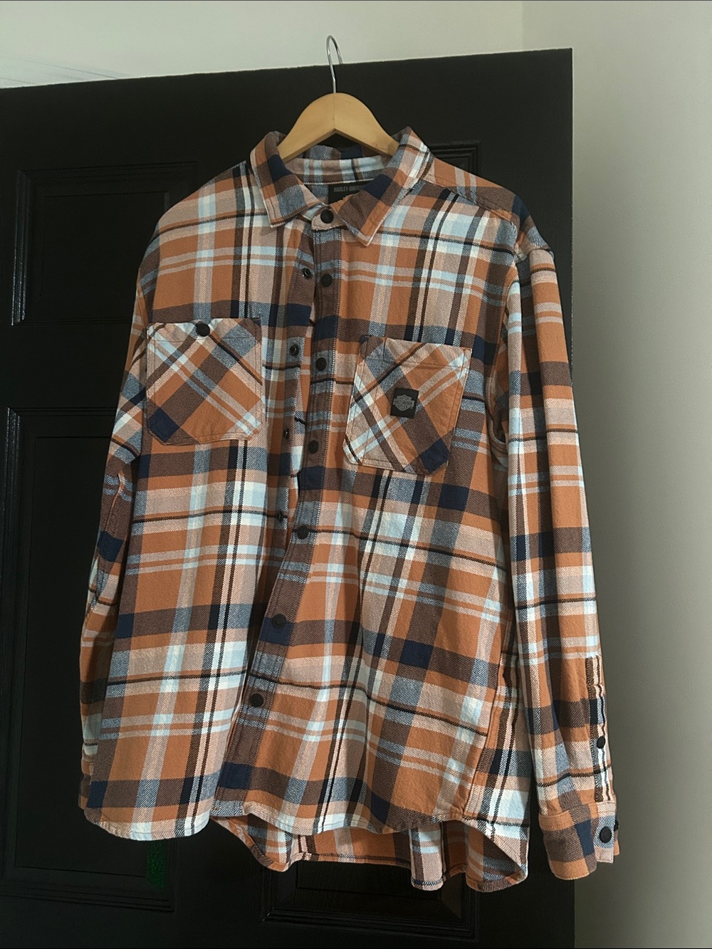 Harley-Davidson Orange and Navy Plaid Button-Down Shirt